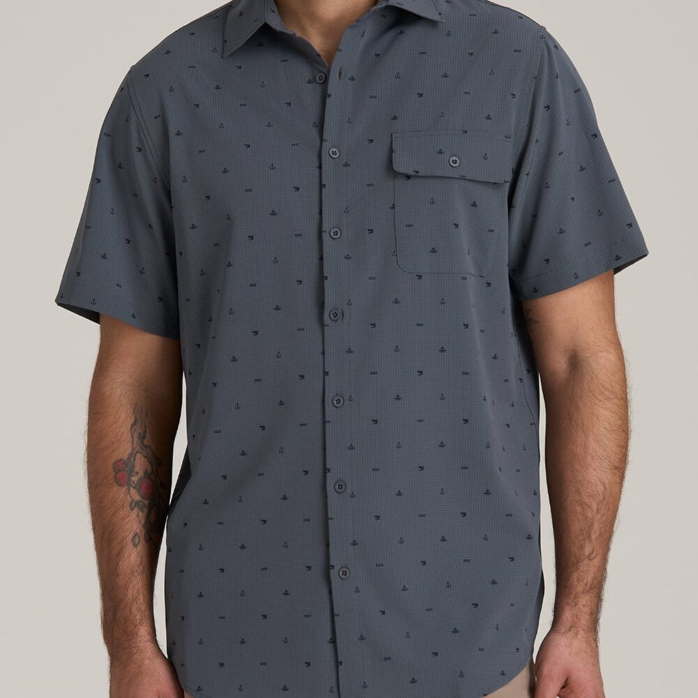 American Tall LJ&S Great Lakes Sport Shirt for Tall Men in Fishing Icon Print Si